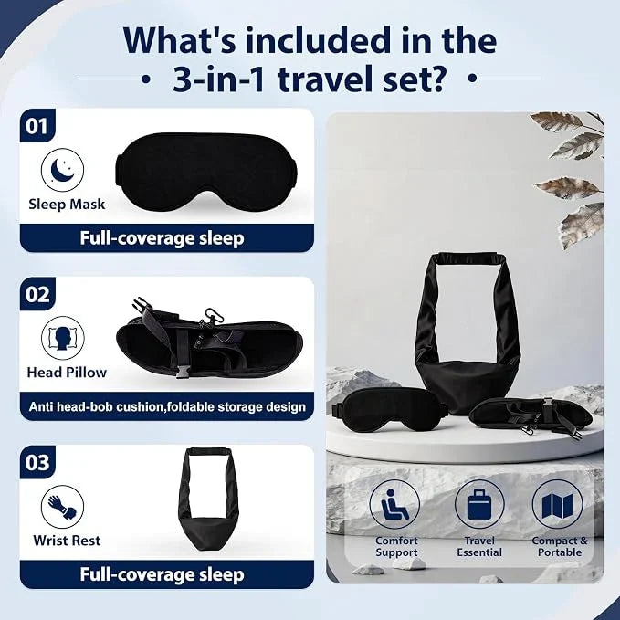 Travel Pillow Set Contoured Memory Foam Blackout Eye Mask & Support Sling