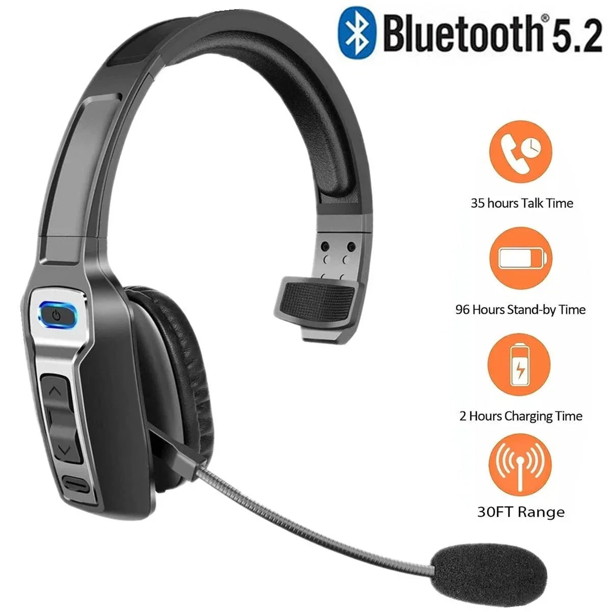 Trucker Headset Noise-Cancelling Boom Microphone 35-Hour Talk Time