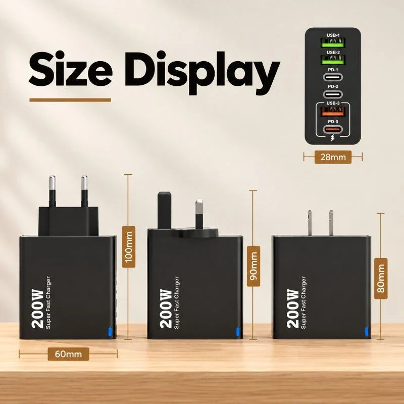 USB Charger 200W Six-Port USB-A & USB-C