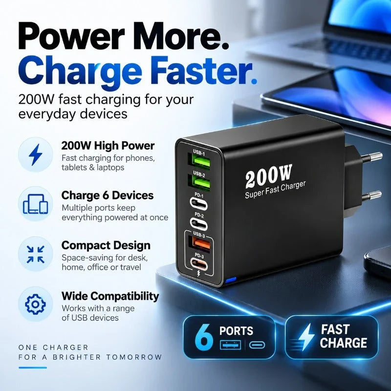 USB Charger 200W Six-Port USB-A & USB-C