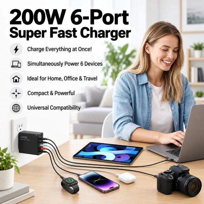 USB Charger 200W Six-Port USB-A & USB-C