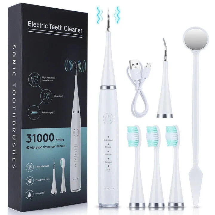 Ultrasonic Tooth Cleaner 5 Adjustable Levels 3 Interchangeable Heads