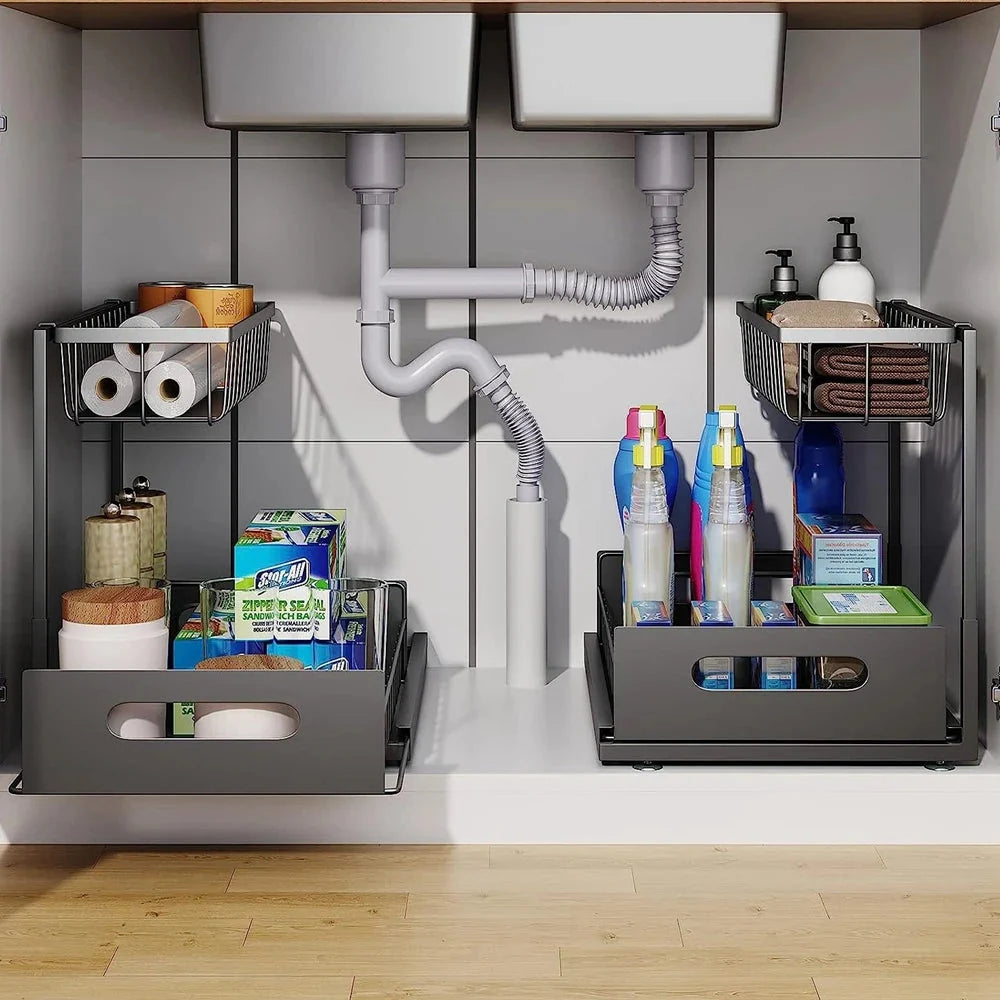 Under Sink Organizer Dual-Tier Slide-Out Carbon Steel Frame