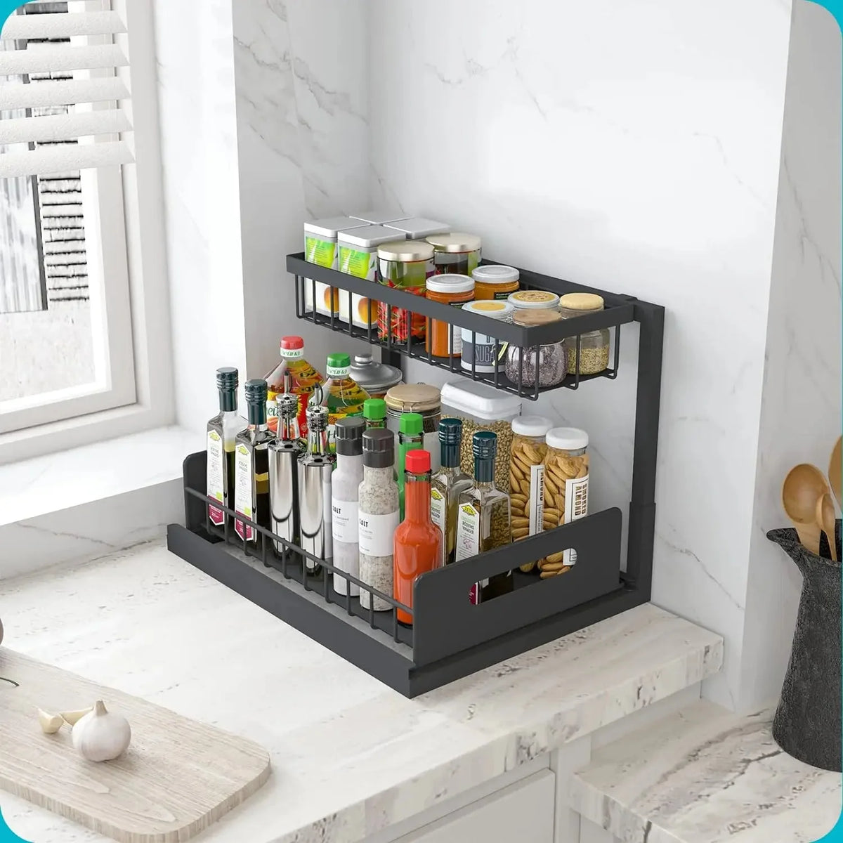 Under Sink Organizer Dual-Tier Slide-Out Carbon Steel Frame