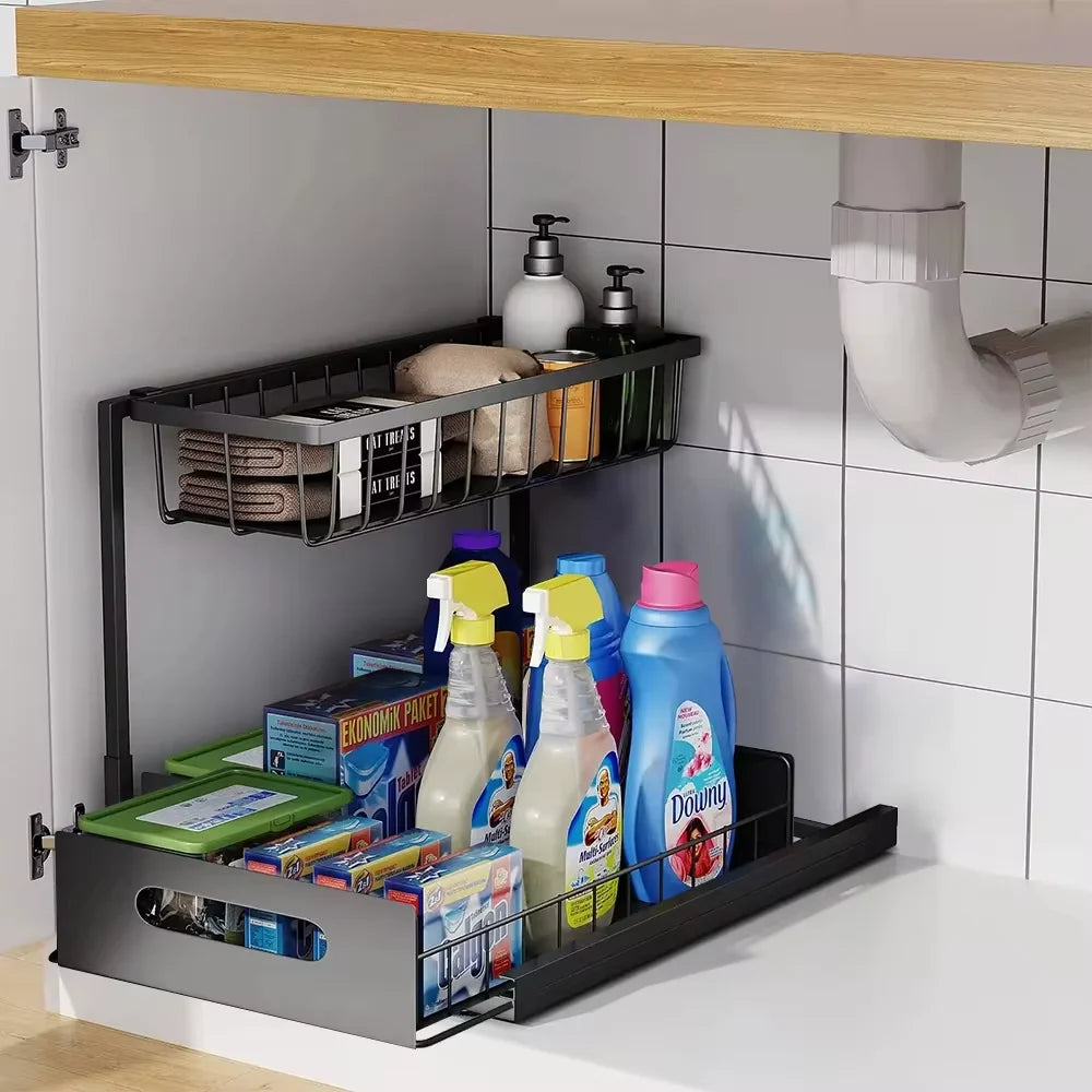 Under Sink Organizer Dual-Tier Slide-Out Carbon Steel Frame