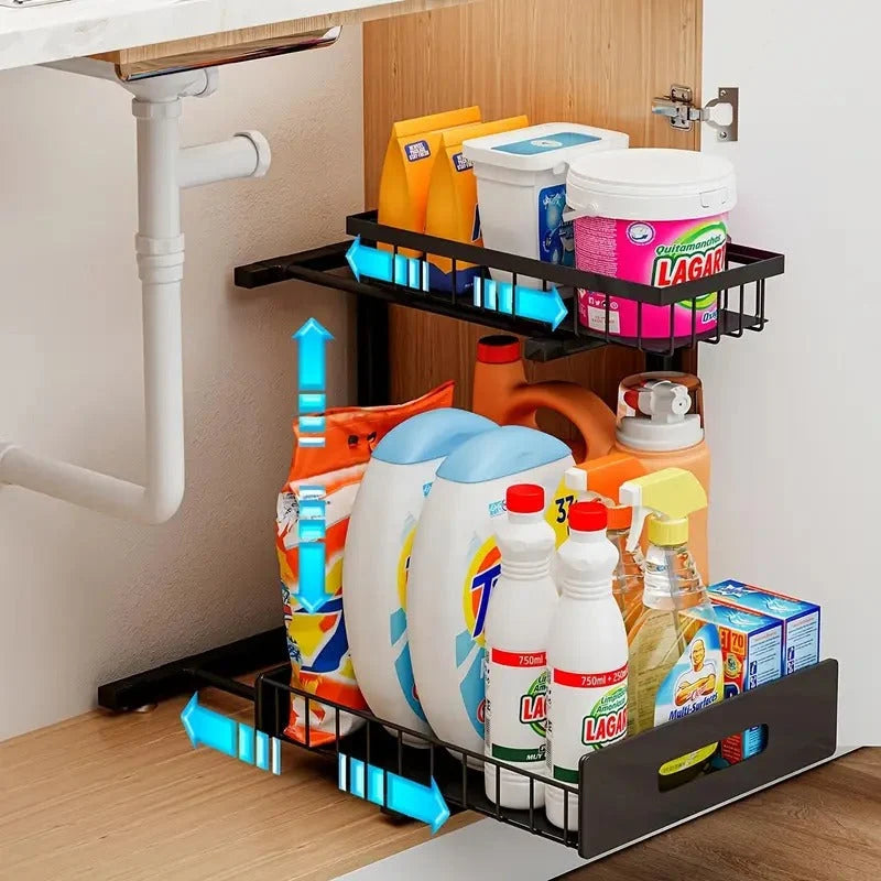 Under Sink Organizer Dual-Tier Slide-Out Carbon Steel Frame