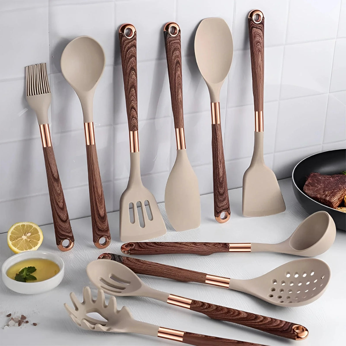 Utensil Set 10-Piece Heat-Resistant Silicone Wood Handles