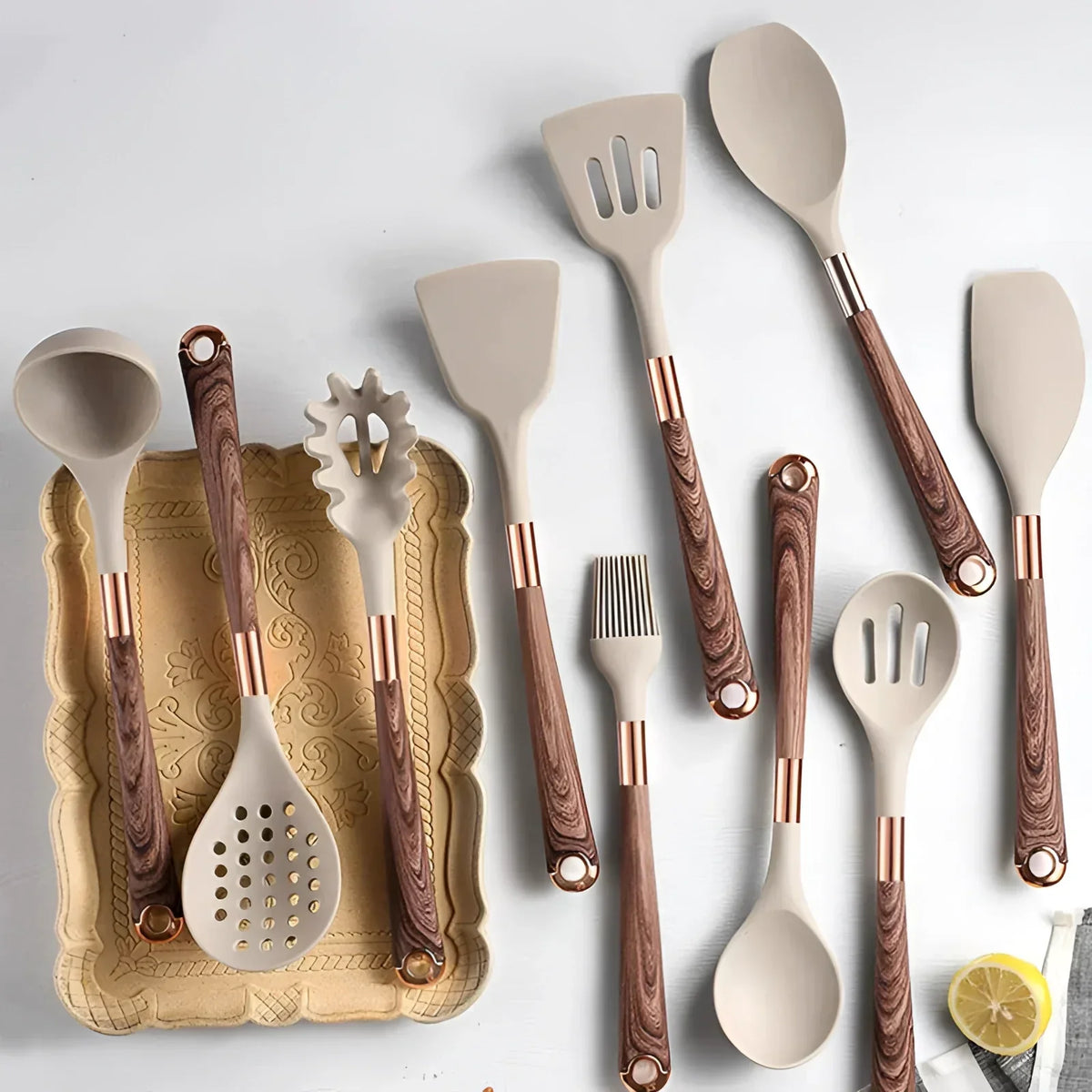 Utensil Set 10-Piece Heat-Resistant Silicone Wood Handles