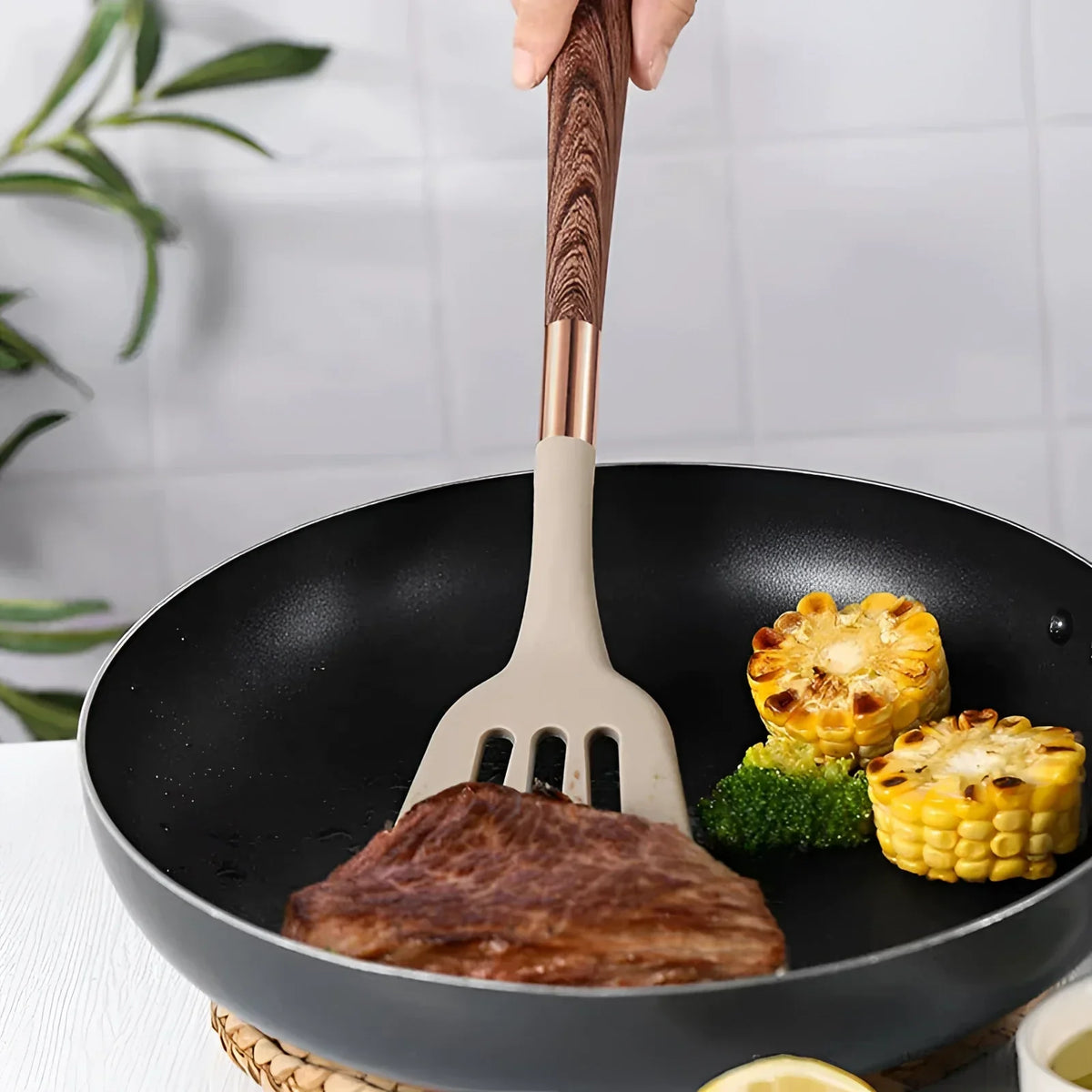 Utensil Set 10-Piece Heat-Resistant Silicone Wood Handles