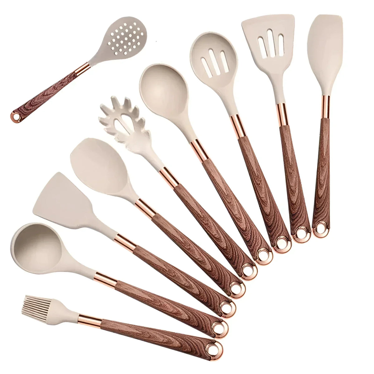 Utensil Set 10-Piece Heat-Resistant Silicone Wood Handles