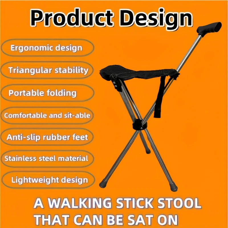 Walking Cane With Seat Foldable Stainless Steel Frame