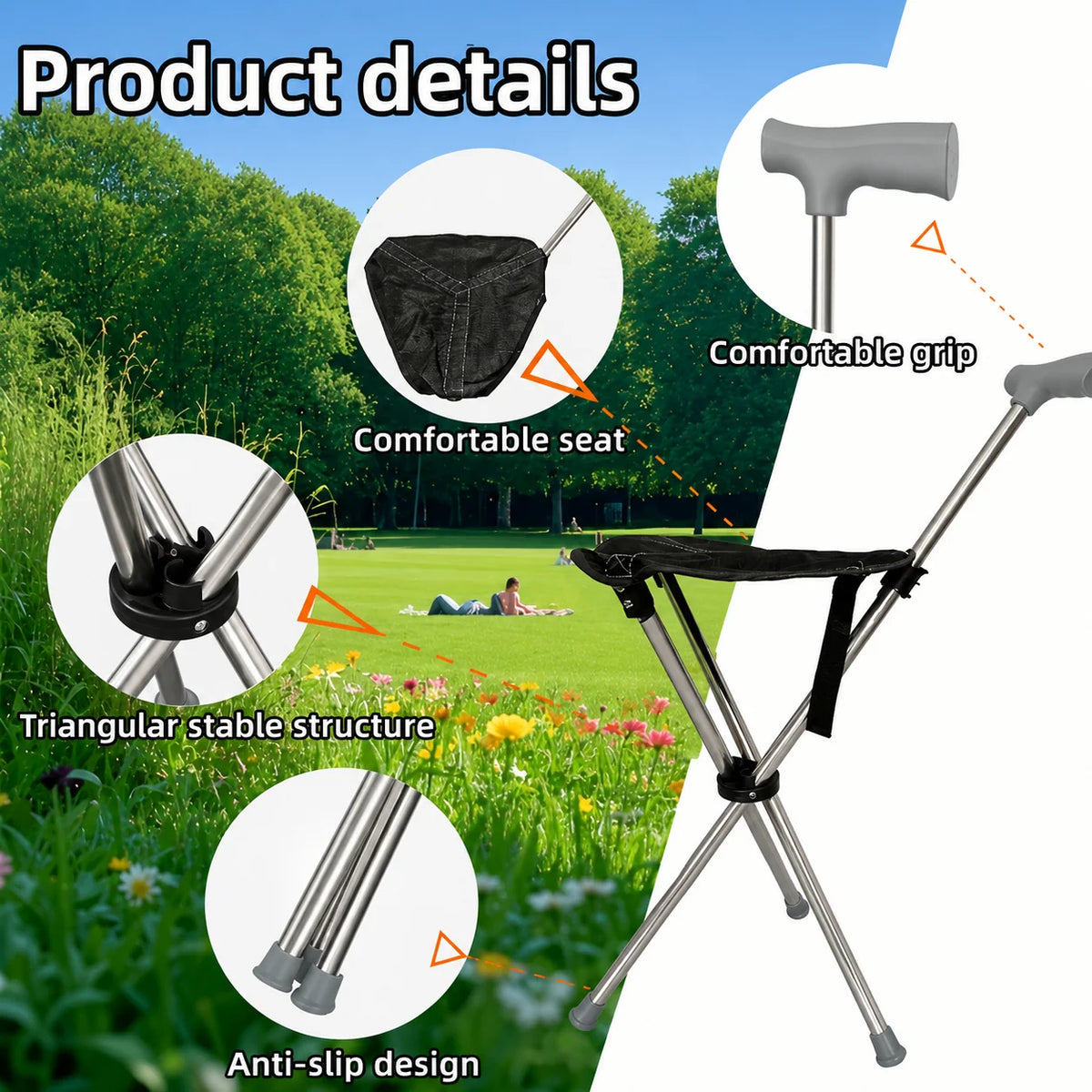 Walking Cane With Seat Foldable Stainless Steel Frame