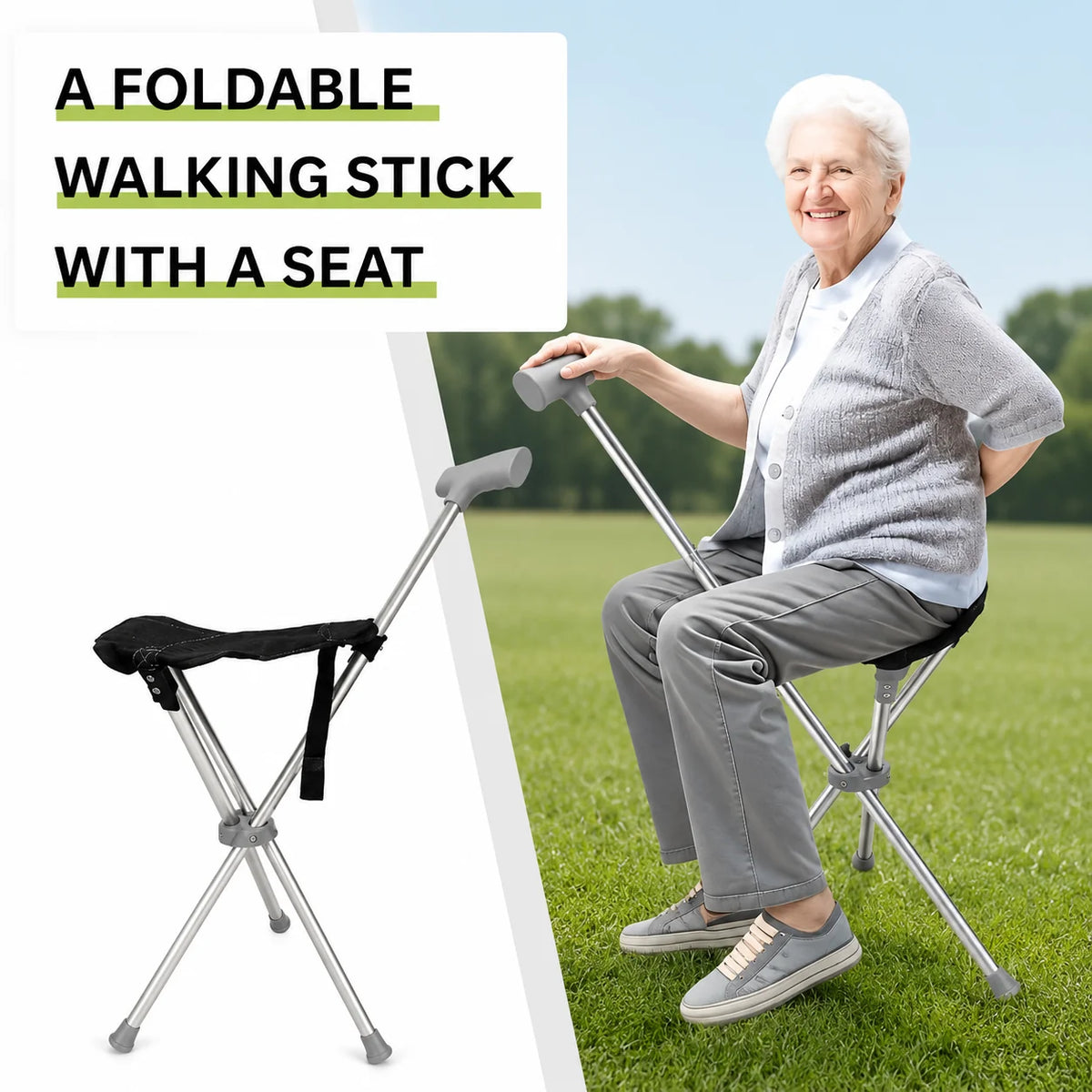 Walking Cane With Seat Foldable Stainless Steel Frame