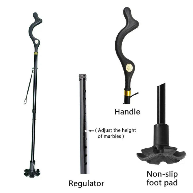 Walking Stick Adjustable Aluminum Ergonomic Grip 360-Degree Rotating Tip