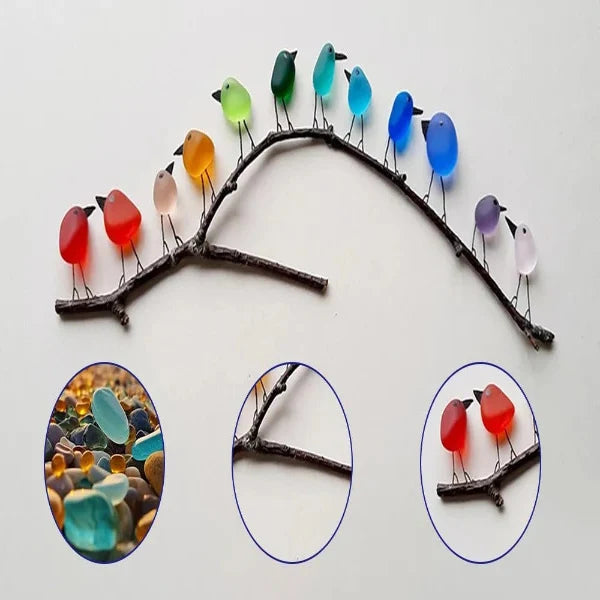 Wall Art Sea Glass Rainbow Birds Driftwood Base