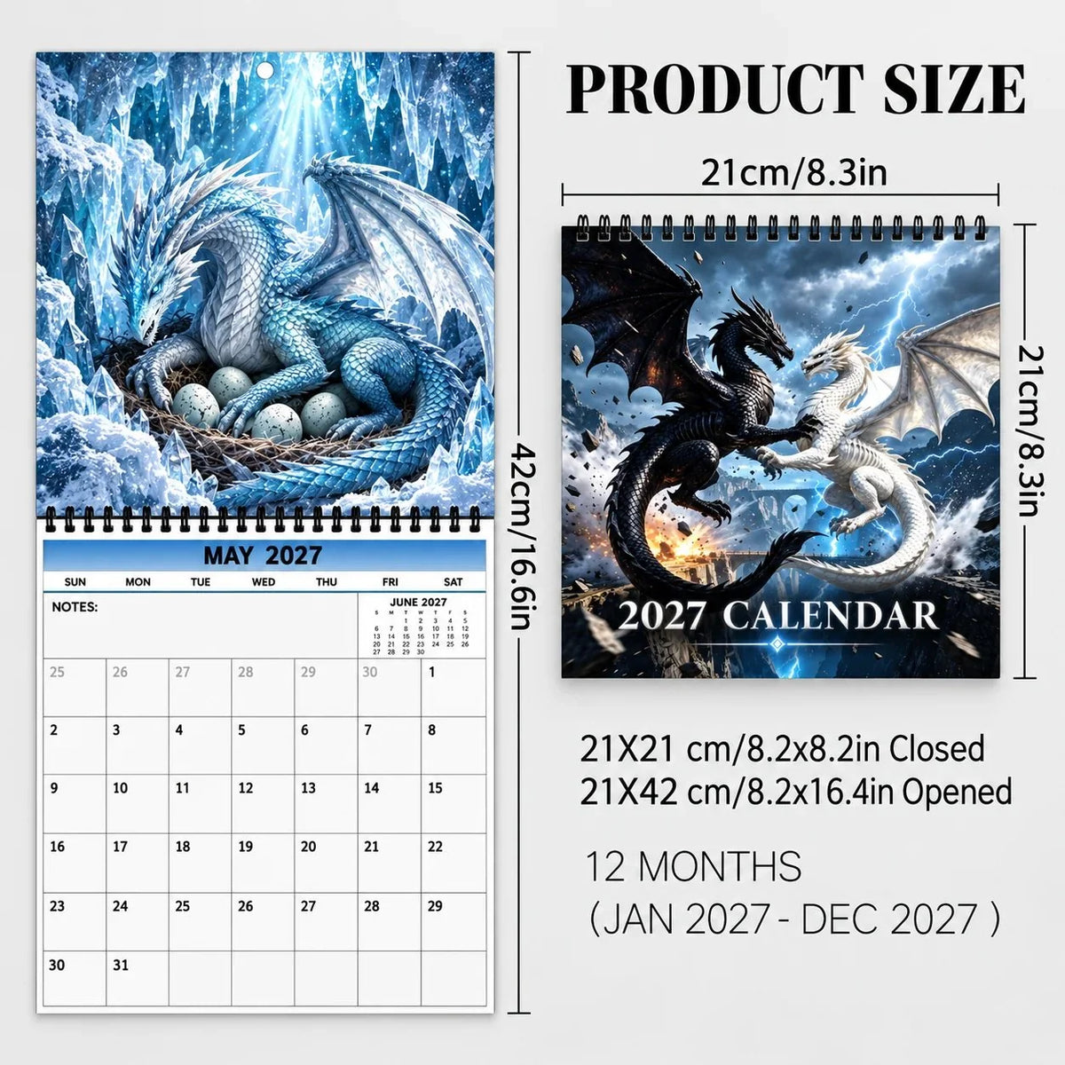 Wall Calendar 2027 Dragon Artwork Spiral-Bound With Note Space