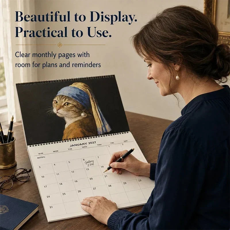 Wall Calendar 2027 Painting-Inspired Cat Illustrations Notes Section