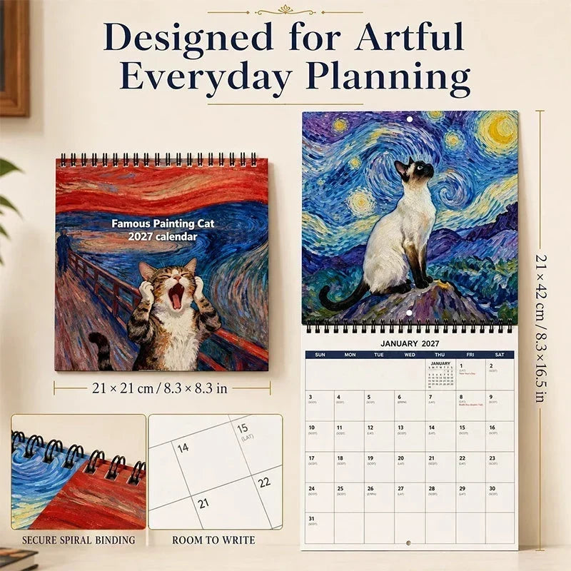 Wall Calendar 2027 Painting-Inspired Cat Illustrations Notes Section