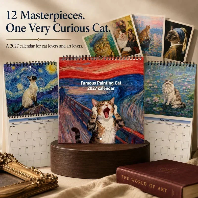 Wall Calendar 2027 Painting-Inspired Cat Illustrations Notes Section