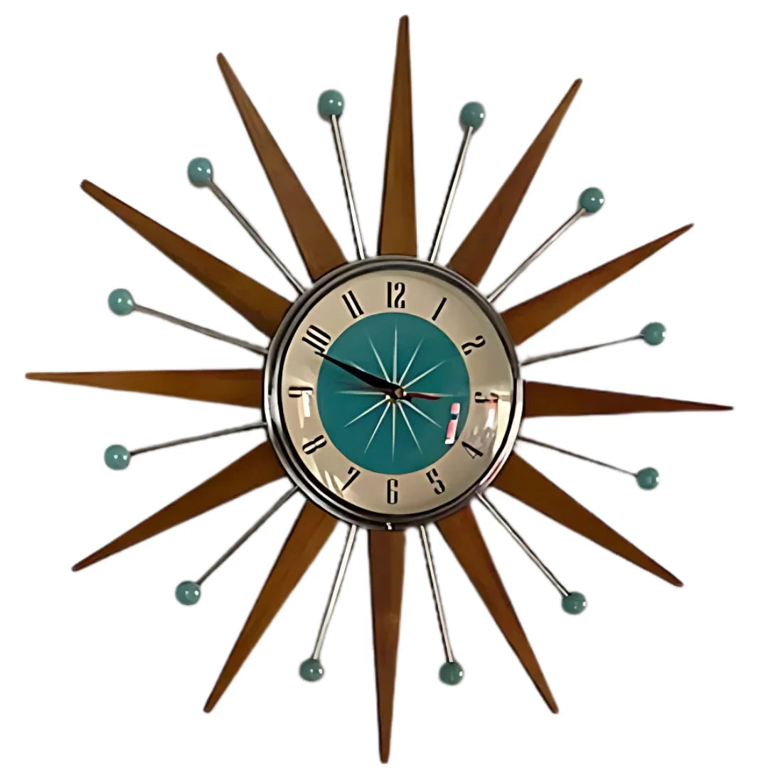 Wall Clock Mid-Century Sunburst Silent Movement Handcrafted