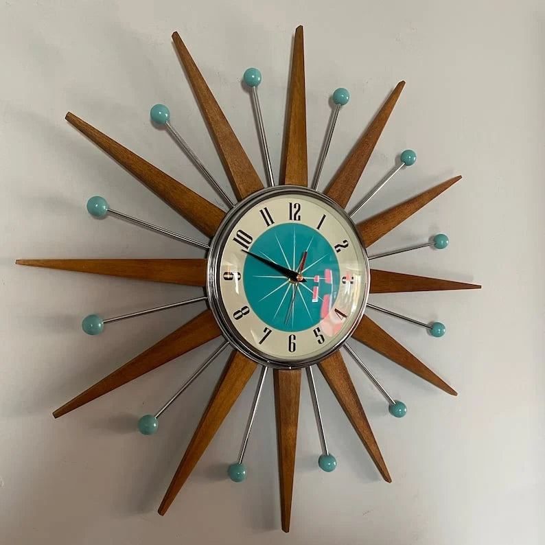 Wall Clock Mid-Century Sunburst Silent Movement Handcrafted