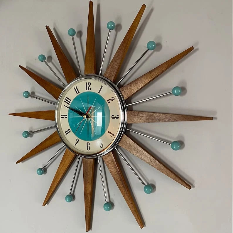 Wall Clock Mid-Century Sunburst Silent Movement Handcrafted
