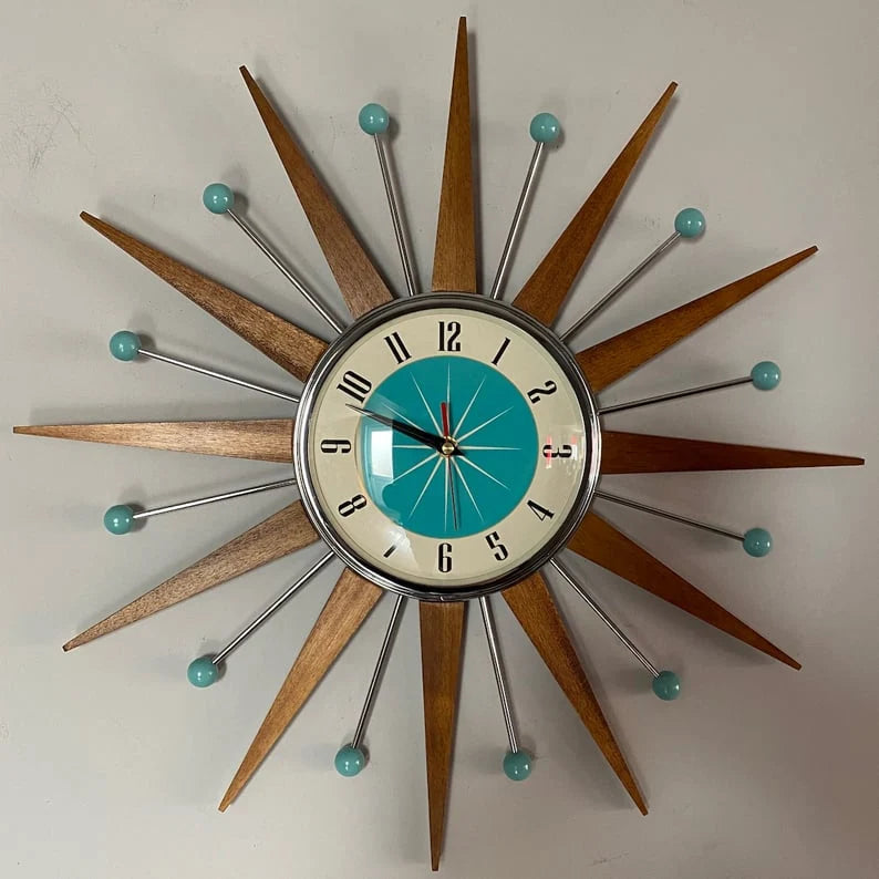 Wall Clock Mid-Century Sunburst Silent Movement Handcrafted