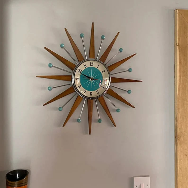 Wall Clock Mid-Century Sunburst Silent Movement Handcrafted