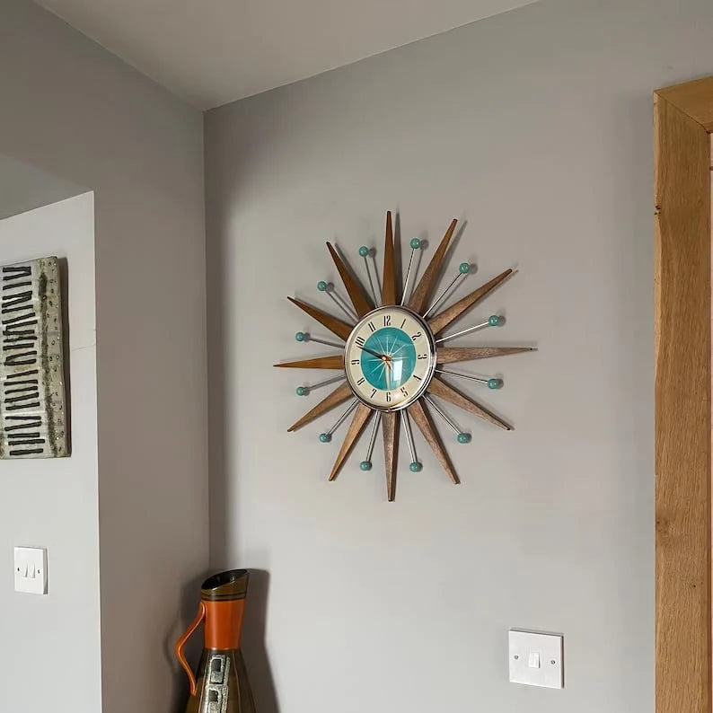 Wall Clock Mid-Century Sunburst Silent Movement Handcrafted