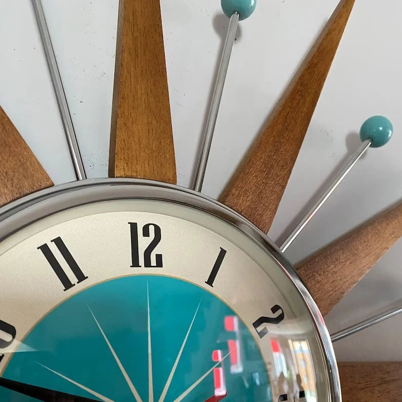 Wall Clock Mid-Century Sunburst Silent Movement Handcrafted
