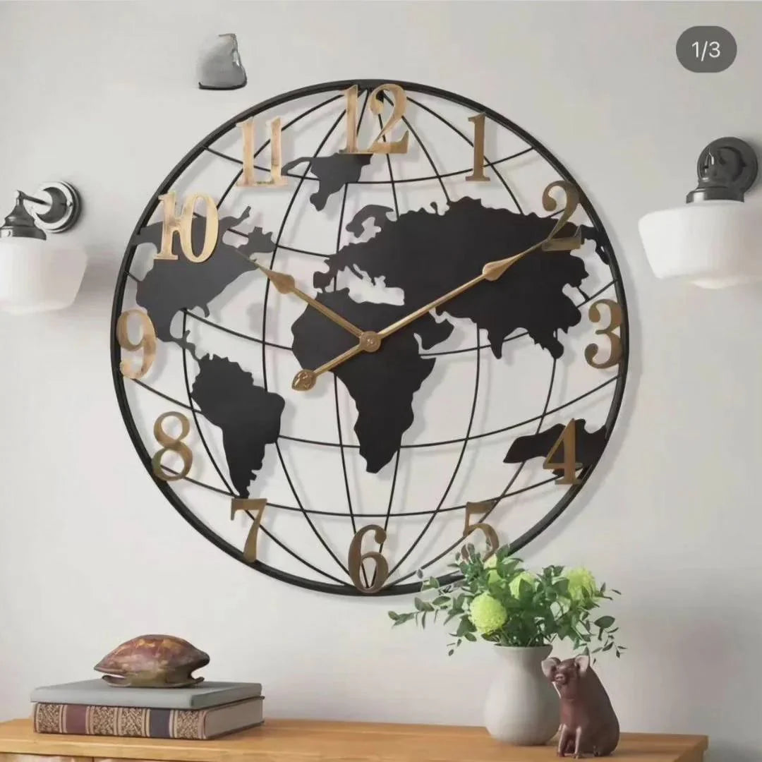 Wall Clock Oversized World Map 23.6 Inch Minimalist