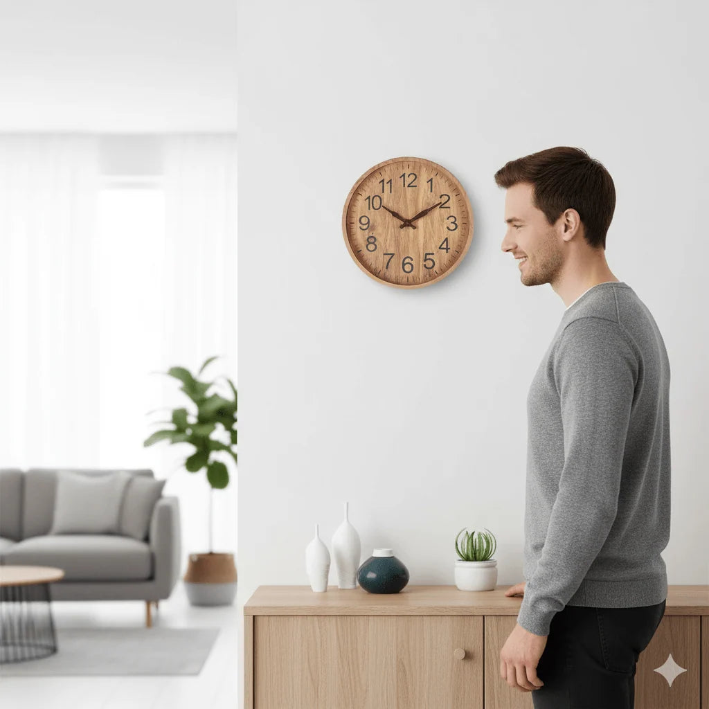 Wall Clock Silent Non-Ticking Natural Wood 11.8-Inch
