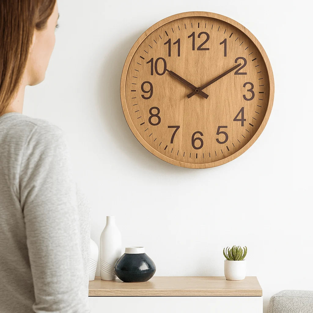 Wall Clock Silent Operation Natural Wood Finish 11.8 Inch