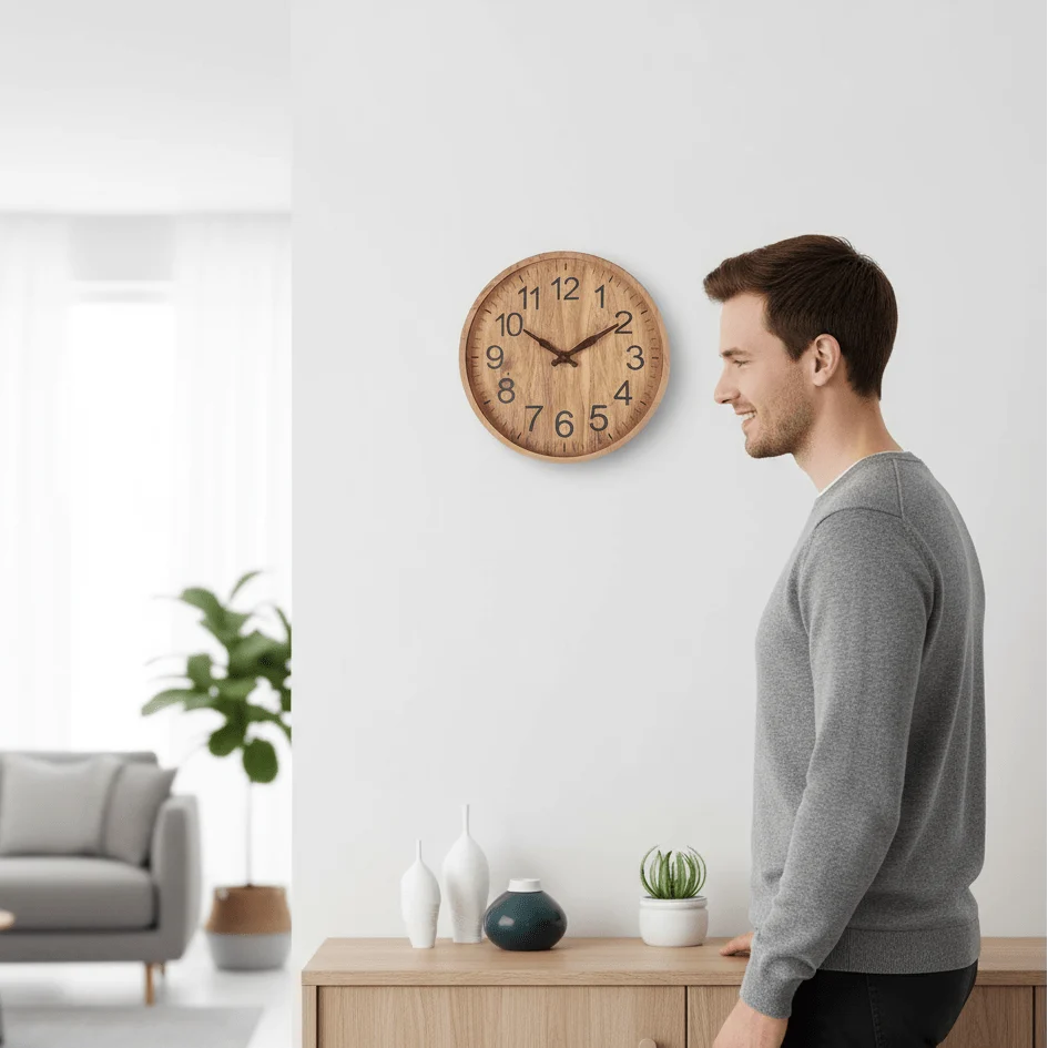 Wall Clock Silent Operation Natural Wood Finish 11.8 Inch