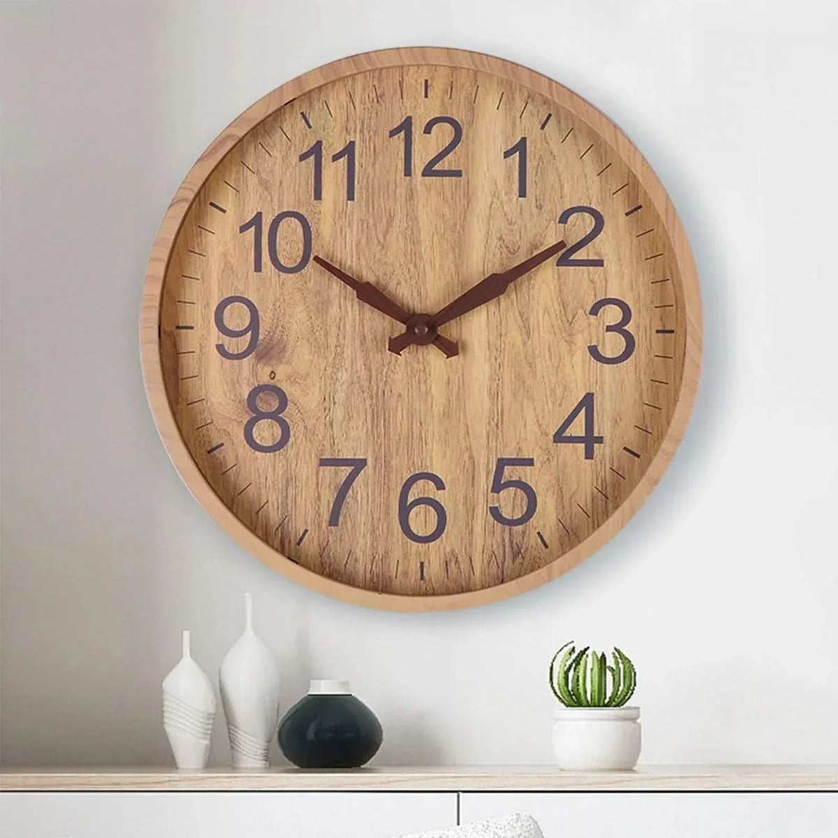 Wall Clock Silent Operation Natural Wood Finish 11.8 Inch