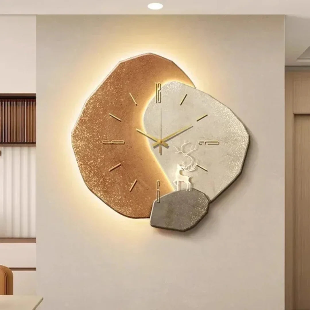 Wall Clock Wood Geometric Design Silent Quartz LED Backlight