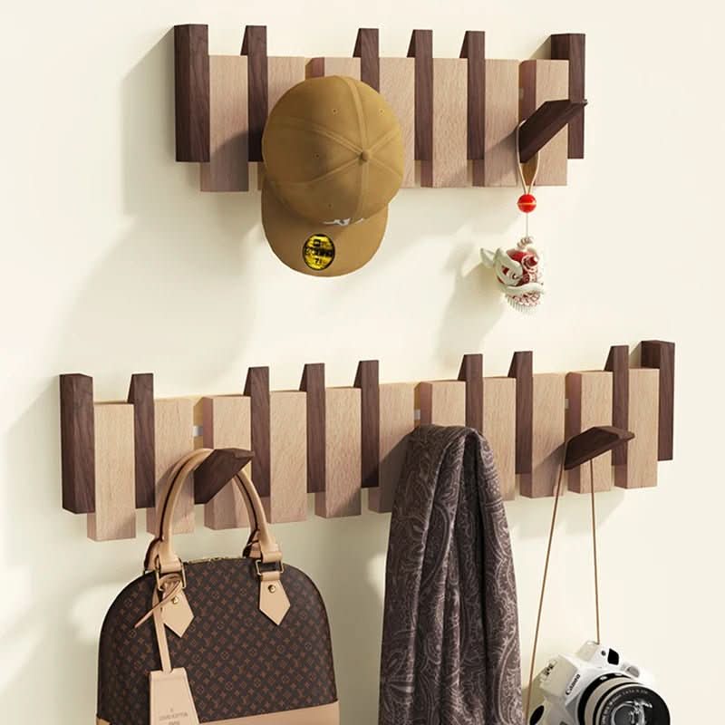 Wall Coat Rack Wooden Folding Hooks Space-Saving Design