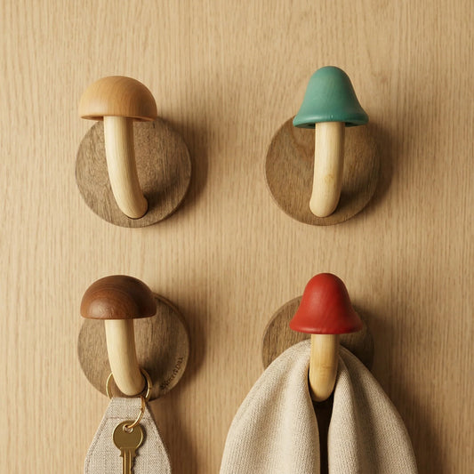 Wall Hooks Mushroom Design Painted Wood Set of 4