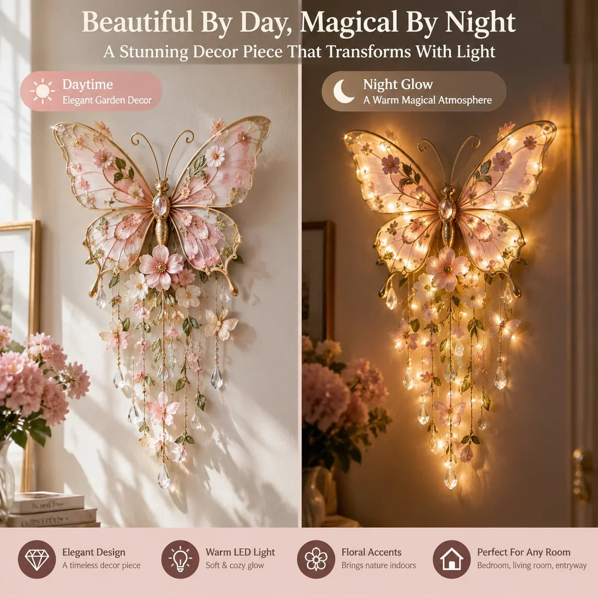 Wall Light Butterfly Floral Design Warm Ambient Glow