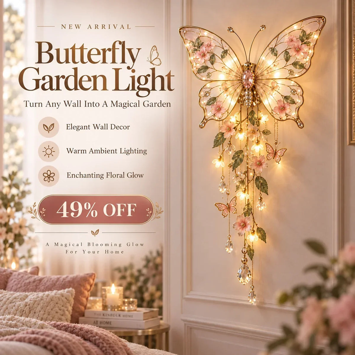 Wall Light Butterfly Floral Design Warm Ambient Glow