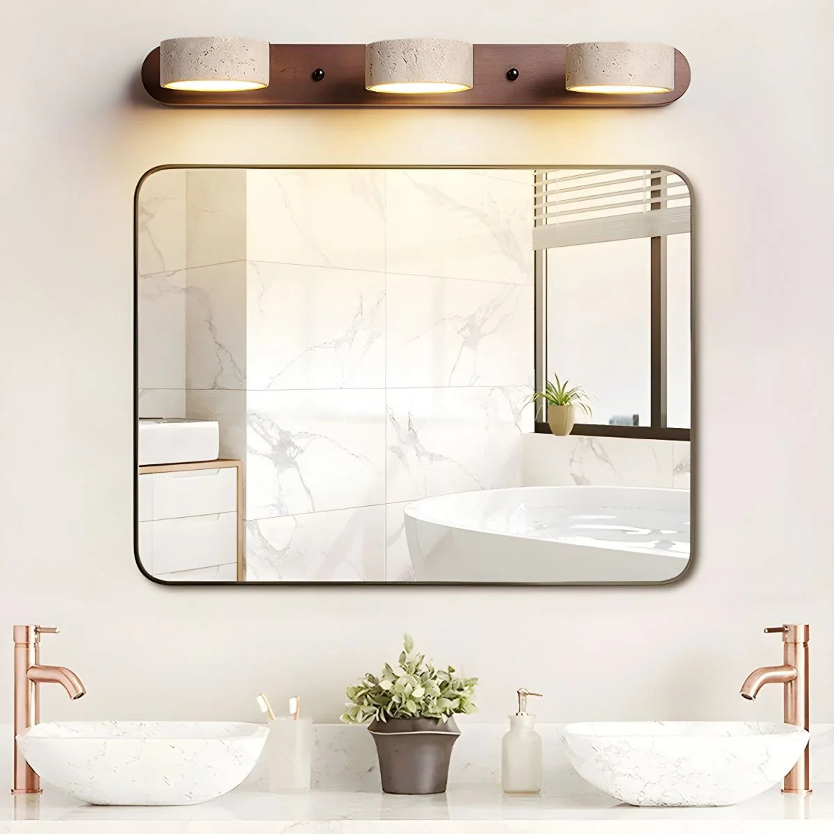 Wall Light Natural Travertine & Wood Integrated LED