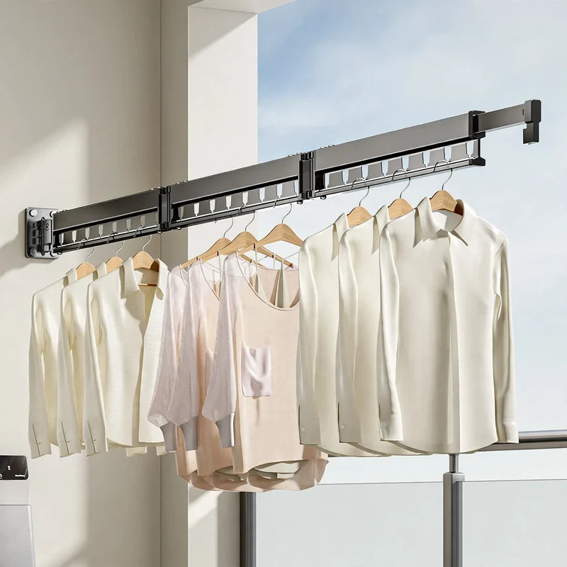 Wall-Mounted Clothes Drying Rack Foldable Aluminum Space-Saving With Wind Guard