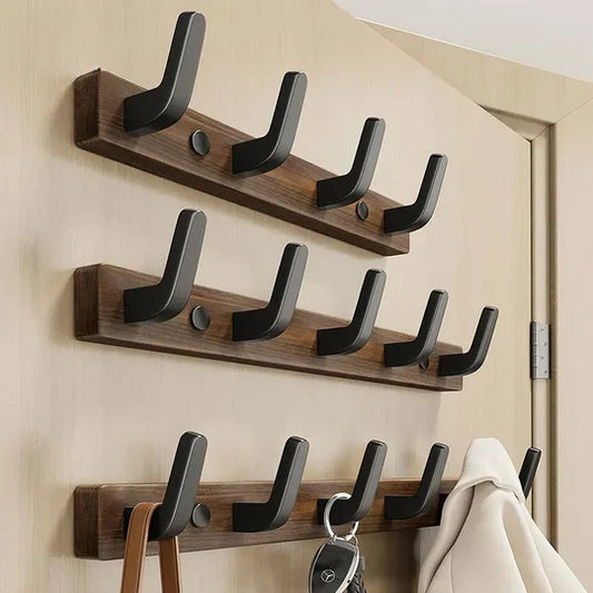 Wall-Mounted Coat Hook Wood Base & Metal Hooks