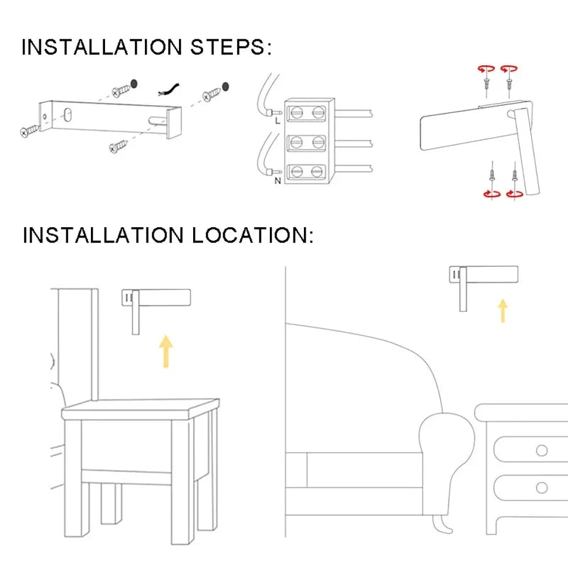 Wall-Mounted Reading Lamp Adjustable Brightness Rotating Head Warm & Cool LED Light