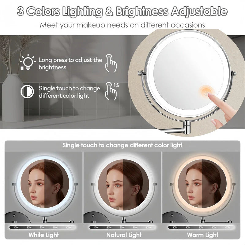 Wall-Mounted Shaving Mirror 360° Swivel Rechargeable LED