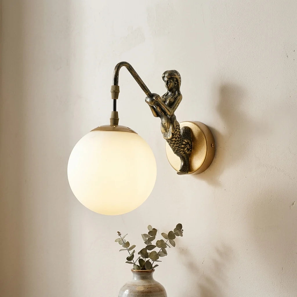 Wall Sconce Mermaid Resin Body Glass Shade Hardwired
