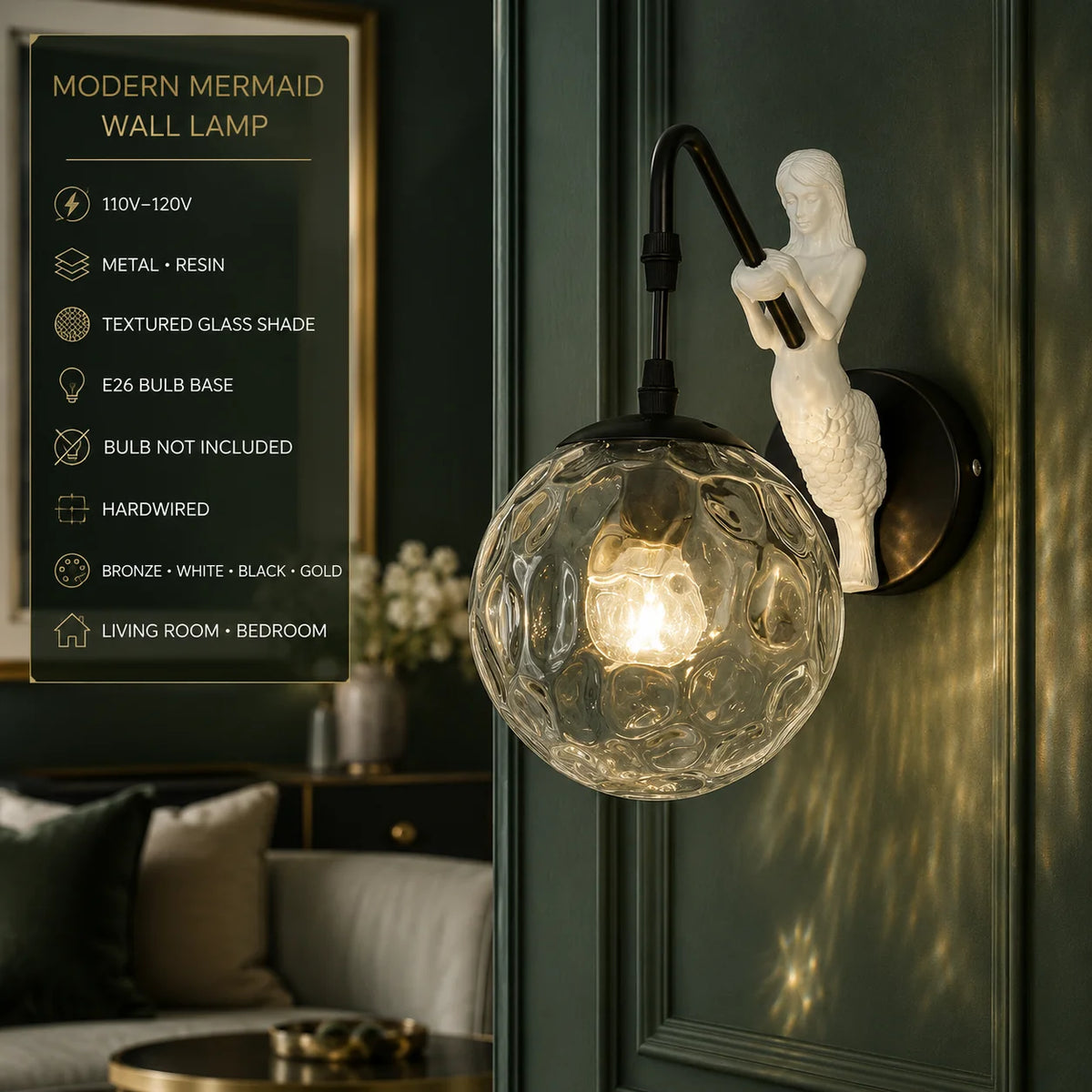 Wall Sconce Mermaid Resin Body Glass Shade Hardwired