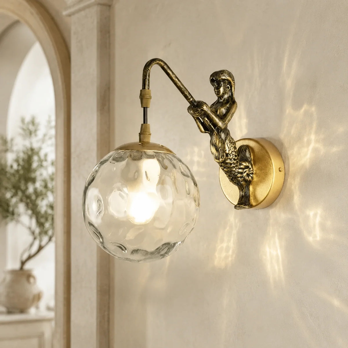 Wall Sconce Mermaid Resin Body Glass Shade Hardwired