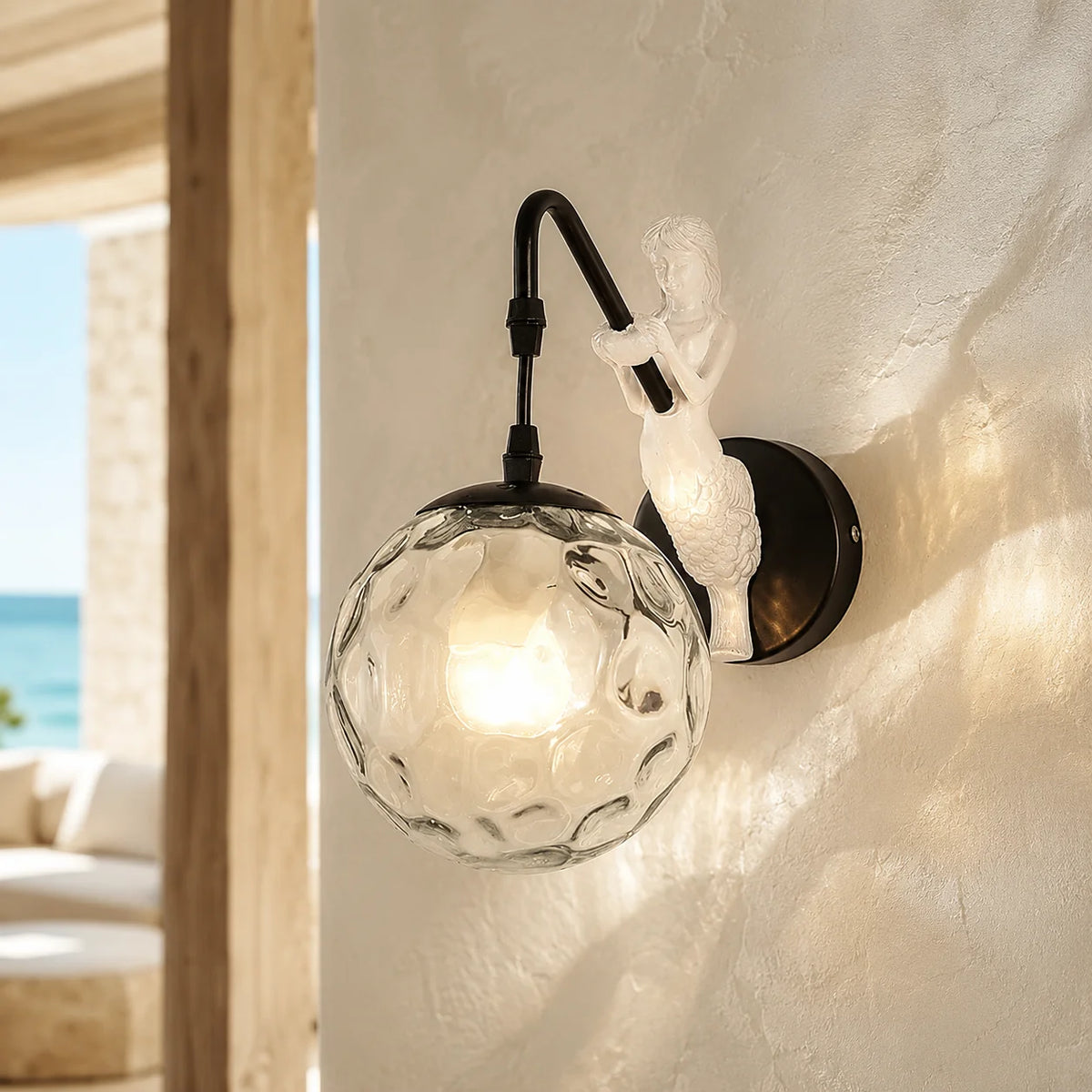 Wall Sconce Mermaid Resin Body Glass Shade Hardwired