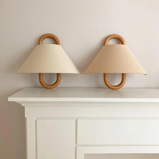 Wall Sconce Solid Beechwood & Fabric Shade Plug-In Or Hardwired
